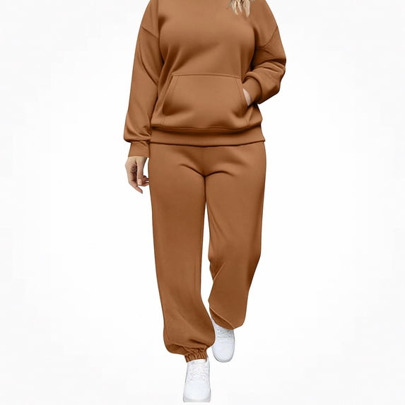 Vornjynx Plus Size Womens 2 Piece Sets Fall Outfits Hooded Pullover Long Sleeve Tops Jogger Pants Lounge Matching Sets Brown Size 3XL