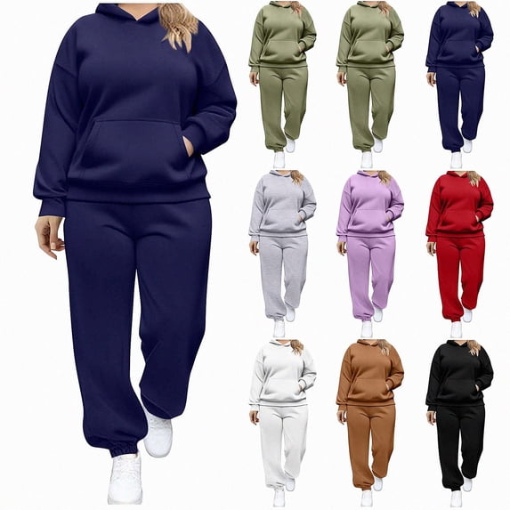 Vornjynx Plus Size Womens 2 Piece Sets Fall Outfits Hooded Pullover Long Sleeve Tops Jogger Pants Lounge Matching Sets Dark Blue Size 2XL