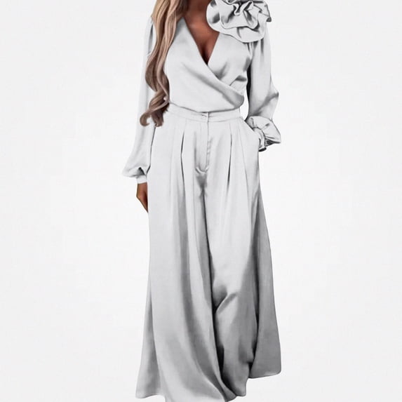 Vornjynx Two Piece Sets of Womens Elegant V Neck Satin Long Sleeve Tops Wide Leg Pants Lounge Outfits White Size XL