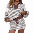 thumbnail image 1 of Vornjynx Womens 2 Piece Sets Fall Outfits Striped V Neck Turn Down Collar Long Sleeve Tops Drawstring Skirt Lounge Matching Sets Brown Size L, 1 of 5
