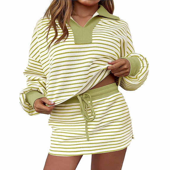 Vornjynx Womens 2 Piece Sets Fall Outfits Striped V Neck Turn Down Collar Long Sleeve Tops Drawstring Skirt Lounge Matching Sets Green Size 2XL