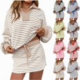 thumbnail image 1 of Vornjynx Womens 2 Piece Sets Fall Outfits Striped V Neck Turn Down Collar Long Sleeve Tops Drawstring Skirt Lounge Matching Sets Khaki Size 2XL, 1 of 5