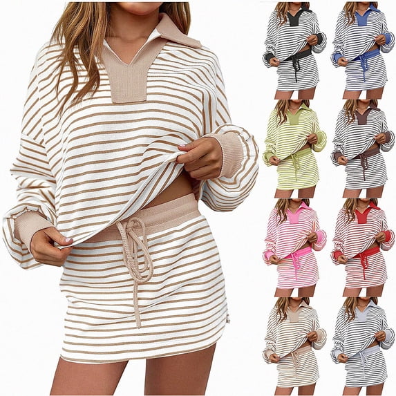 Vornjynx Womens 2 Piece Sets Fall Outfits Striped V Neck Turn Down Collar Long Sleeve Tops Drawstring Skirt Lounge Matching Sets Khaki Size 2XL