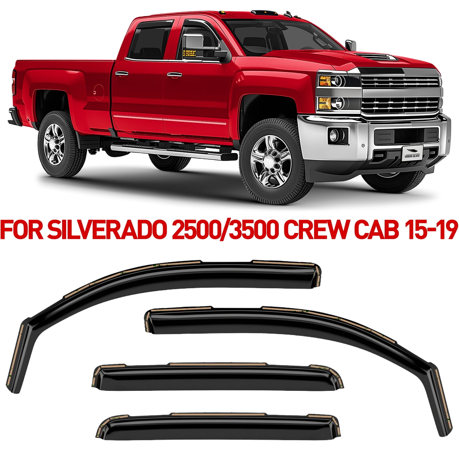 Voron Glass In-Channel Extra Durable Rain Guards for Chevrolet (Chevy) Silverado 2500HD/3500HD 2015-2019 Crew Cab, Window Deflectors, Vent Window Visors, 4 Pieces - 200277