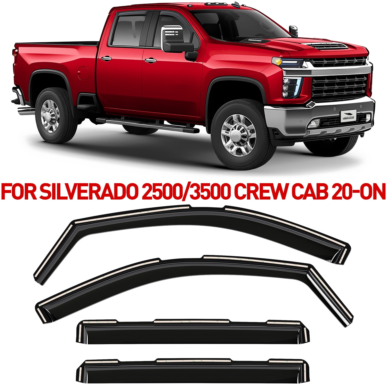 Voron Glass In-Channel Extra Durable Rain Guards for Chevrolet (Chevy) Silverado/GMC Sierra 2500HD/3500HD 2020-2026 Crew Cab, Window Deflectors, Vent Window Visors, 4 Pieces - 200298