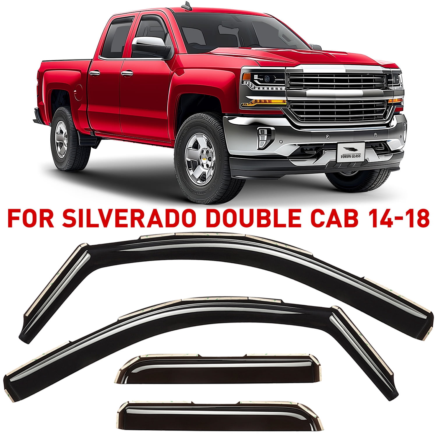 Voron Glass in-Channel Extra Durable Rain Guards for Trucks Chevrolet (Chevy) Silverado/GMC Sierra 2014-2018 Double Cab, Window Deflectors, Vent Window Visors, 4 Pieces - 230092