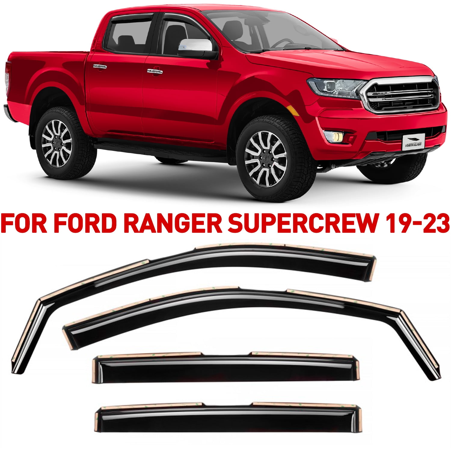 Voron Glass in-Channel Extra Durable Rain Guards for Trucks Ford Ranger 2019-2023 SuperCrew, Window Deflectors, Vent Window Visors, 4 Pieces - 220160