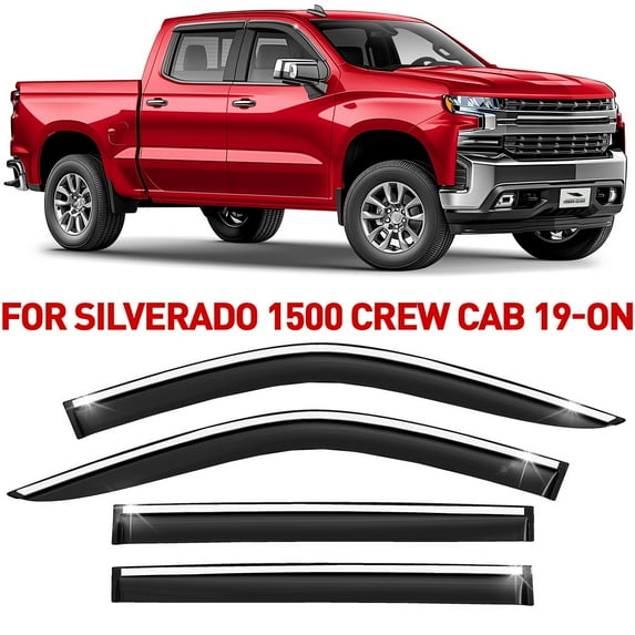 Voron Glass Chrome Trim Tape-on Extra Durable Rain Guards for Chevrolet (Chevy) Silverado 1500,2500,3500 2019-2026 Crew Cab, Window Deflectors, Vent Window Visors, 4 Pieces - 100486
