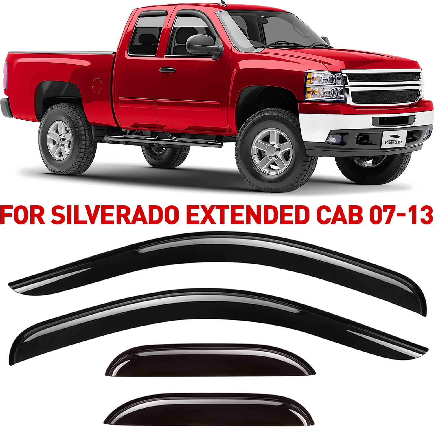 Voron Glass Tape-on Extra Durable Rain Guards for Trucks Chevrolet (Chevy) Silverado/GMC Sierra 2007-2013 Extended Cab, Window Deflectors, Vent Window Visors, 4 Pieces - 130093f