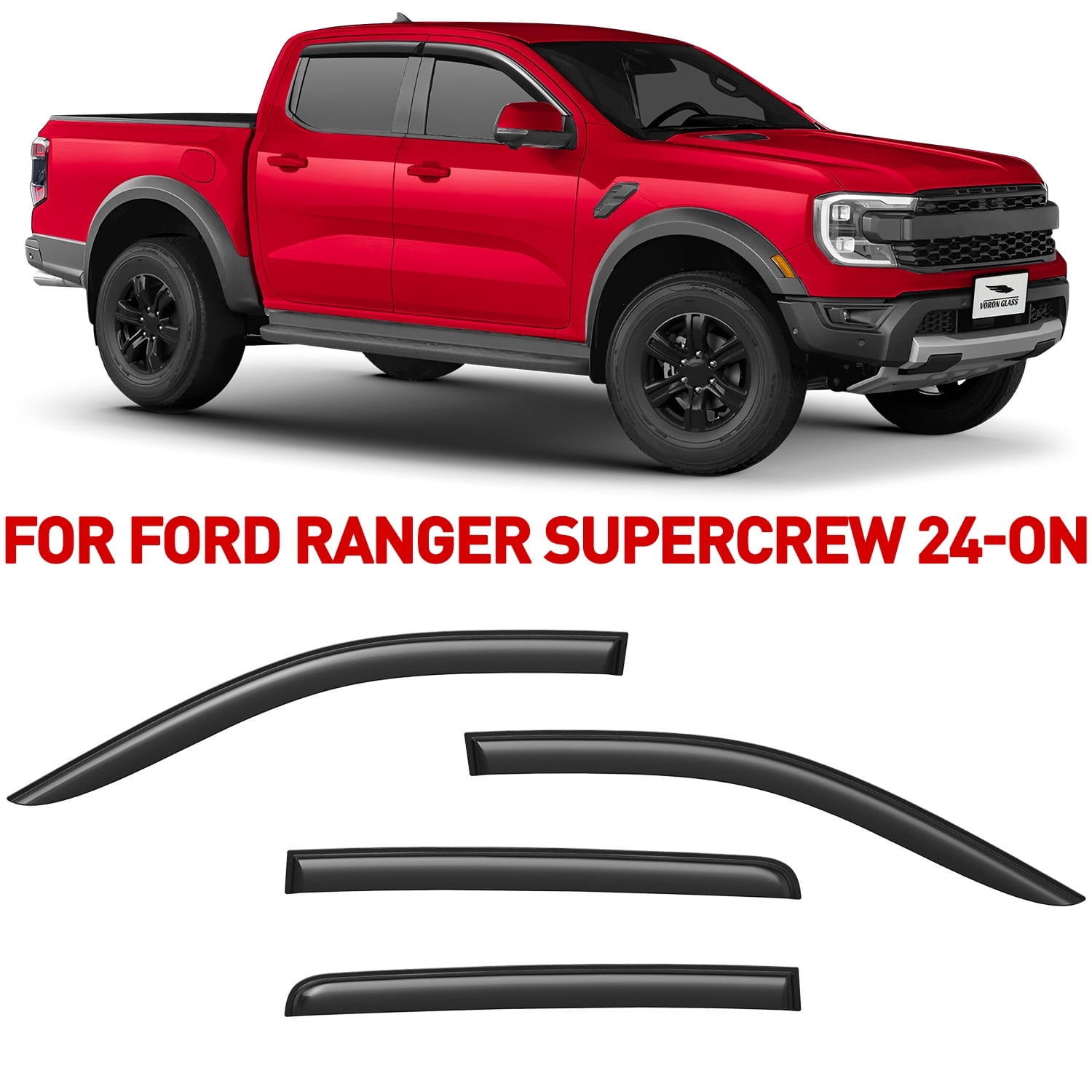 Voron Glass Tape-on Extra Durable Rain Guards for Ford Ranger 2024-2026 SuperCrew, Window Deflectors, Vent Window Visors, 4 Pieces - 100786