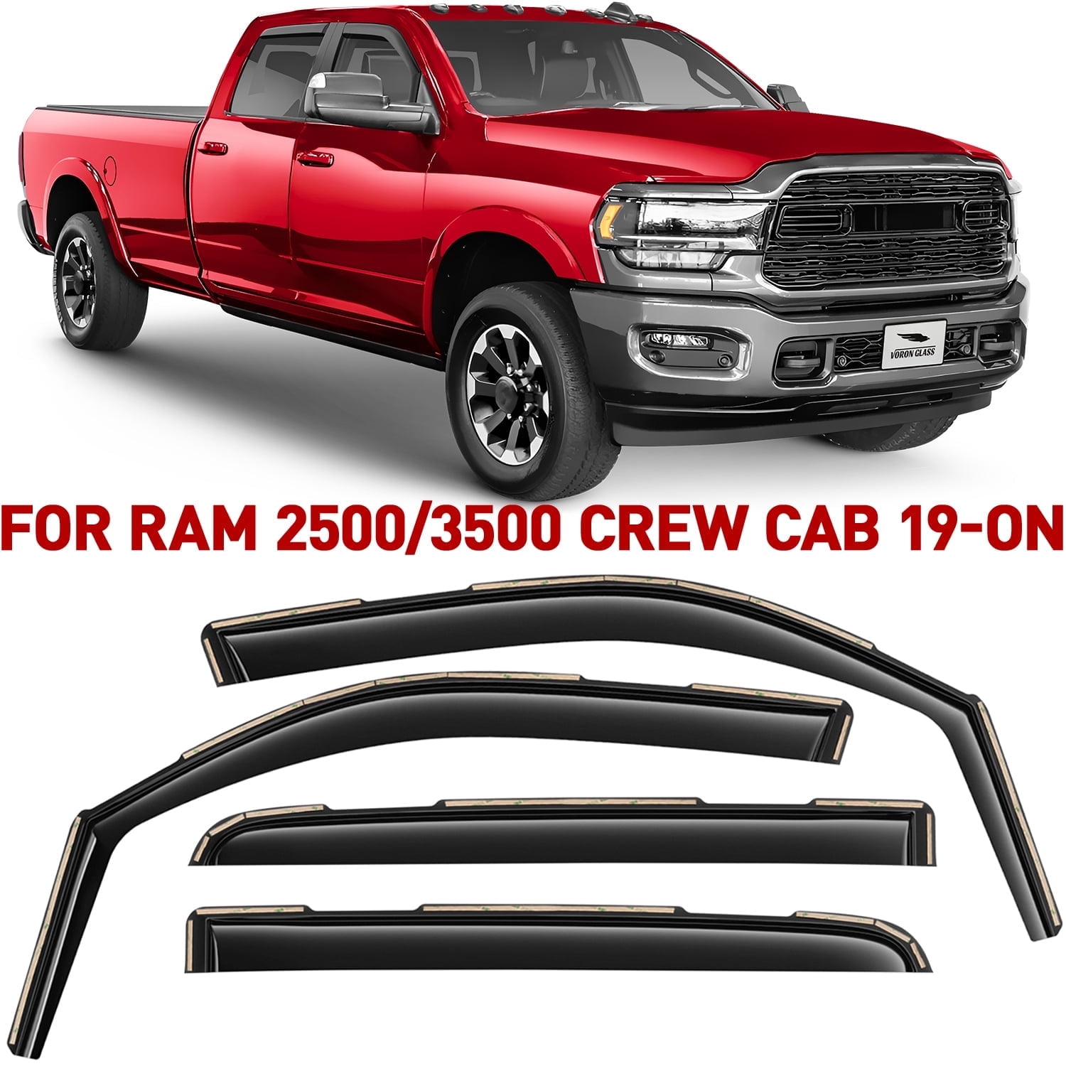 Voron Glass In-Channel Extra Durable Rain Guards for Trucks Dodge RAM 2500 3500 2019-2026 Crew Cab, Window Deflectors, Vent Window Visors, 4 Pieces - 220010v