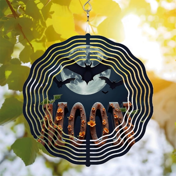 Vortex Design Metal Hanging Wind Spinner - Full Moon & Bats - Decorative Wind Chime for Yard & Garden - Unique Outdoor Art