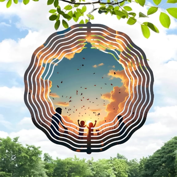 Vortex Design Metal Hanging Wind Spinner - Stunning Sunset Scene with Silhouettes & Floating Petals - Perfect for Yard & Garden Decor