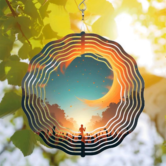 Vortex Design Metal Hanging Wind Spinners & Chimes - Vibrant Sunset & Moon Pattern for Magical Yard & Garden Decor