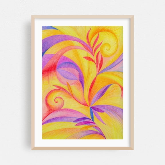 Vortex - Illustration Abstract Modern Art Geometric Pastel Surrealism Floral Oak Framed Wall Art Print 5 x 7 inches