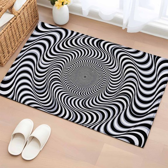 Vortex Lines Entryway Rug 2'x3' Modern Abstract Black and White Optical Spiral Dynamic Lines Small Area Rug Non-Slip Front Door Mat Washable Floor Carpet for Indoor Entrance Kitchen Bathroom
