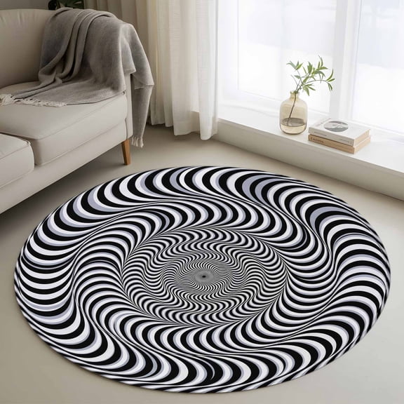 Vortex Lines Round Rugs for Living Room 3ft Modern Abstract Black and White Optical Spiral Dynamic Lines Non Slip Circle Rug Washable Low-Profile Indoor Carpet for Bedroom, Dining Room, Bathroom