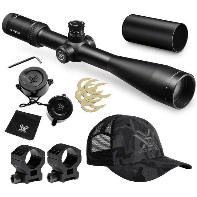 Vortex Optics Viper HSLR 6-24X50 XLR (MOA) FFP, 30 mm Tube with Pro 30mm High Rings (1.18in) and Free Hat Bundle