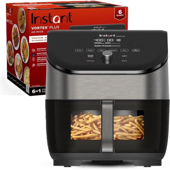 Vortex Plus 6QT Air Fryer with Odor Erase Technology,6-in-1 Functions that Crisps,Roasts, Broils,Dehydrates, Bakes & Reheats, 100+In-App Recipes, from the Makers of Pot,1700W,Black