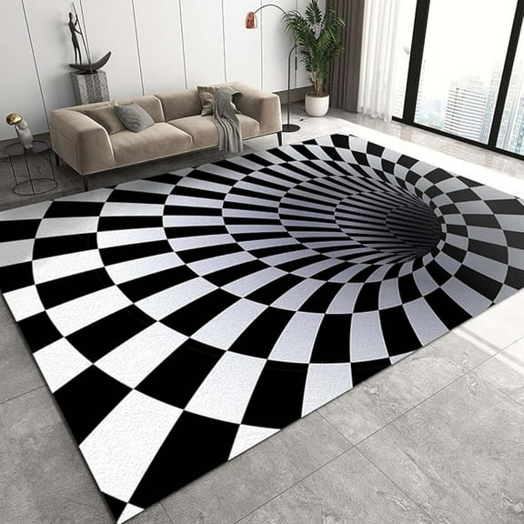 Vortex Trippy Optical Illusion Area Rug, Black And White Grid Splicing Area Rug For Bedroom, Easy Clean Carpet With Anti-Slip Backing Durable For Bedroom Living Room Dining 1x2ft