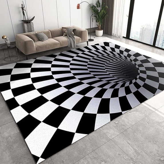 Vortex Trippy Optical Illusion Area Rug, Black And White Grid Splicing Large Rugs, Indoor Non-Slip Kids Rugs, Washable Breathable Durable Carpet For Front Entrance Floor Decor 3x4ft