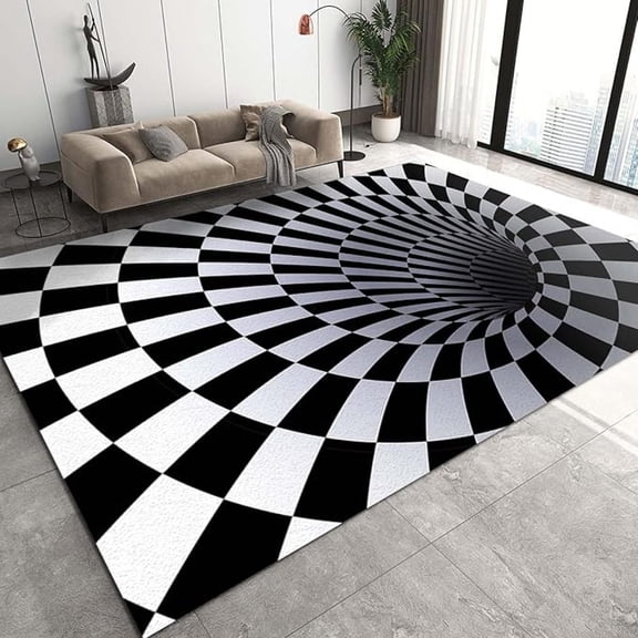 Vortex Trippy Optical Illusion Area Rug, Black And White Grid Splicing Large Rugs, Indoor Non-Slip Kids Rugs, Washable Breathable Durable Carpet For Front Entrance Floor Decor 1x2ft