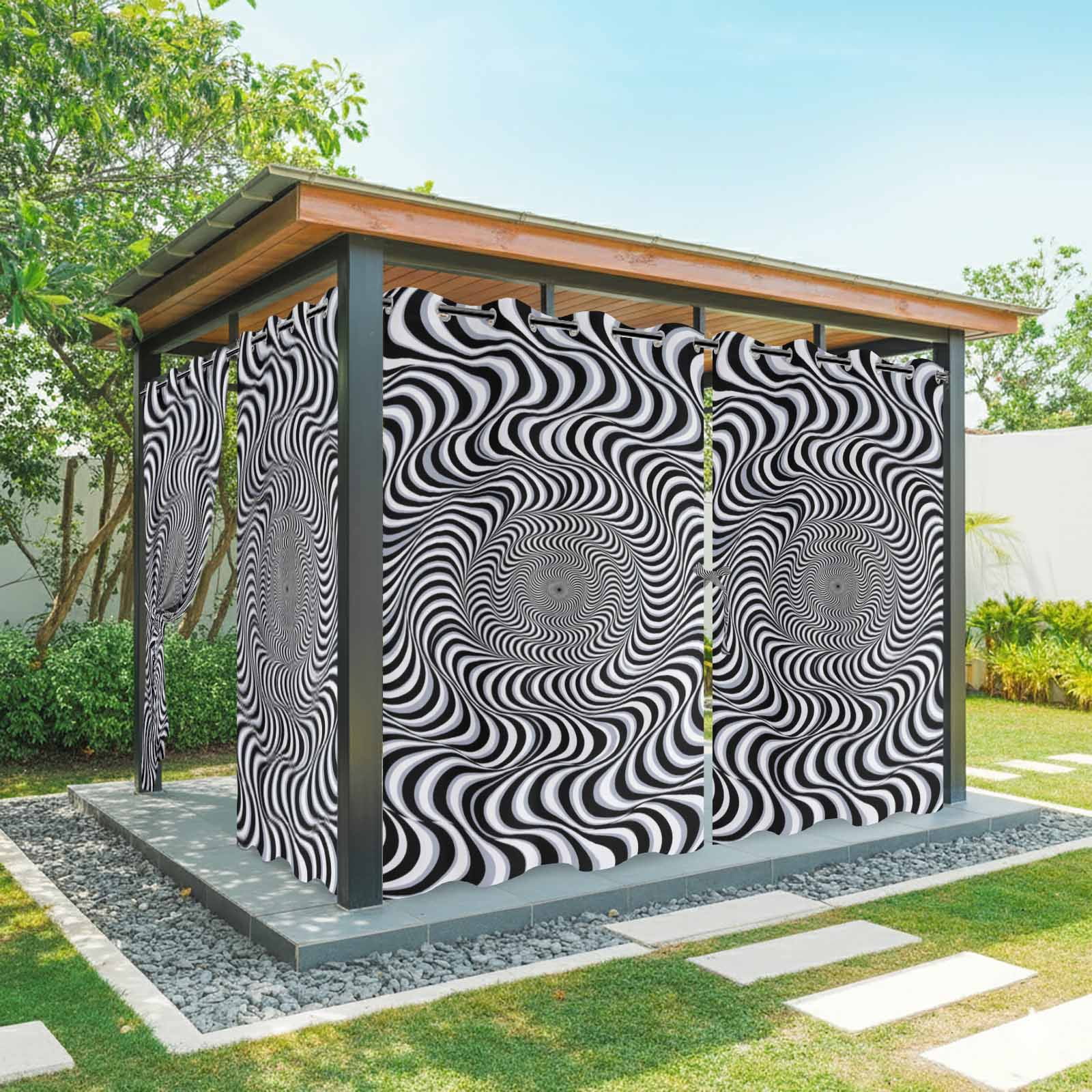 VortexLines Outdoor Curtains for Patio, Modern Abstract Black and White Optical Spiral Dynamic Lines Sunshade Privacy Drapes Grommet Waterproof Outside Curtains for Porch Balcony 54"x108", 1 Panel