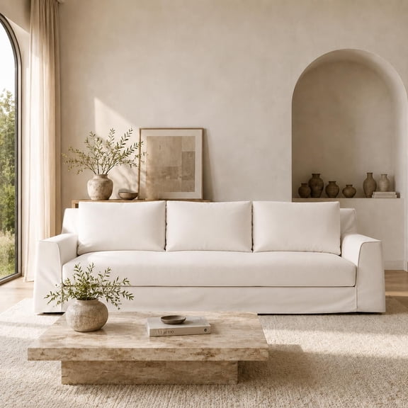 Vorthio 110" Oversized 3-Seater Cloud Couch, Deep Seat Slipcovered Sofa with One-Piece Removable Washable Linen-Blend Cover, Easy Assembly, White