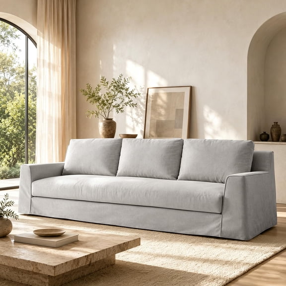 Vorthio 110" Oversized 3-Seater Cloud Couch, Deep Seat Slipcovered Sofa with Removable Washable Linen-Blend Cover, Easy Assembly, Grey