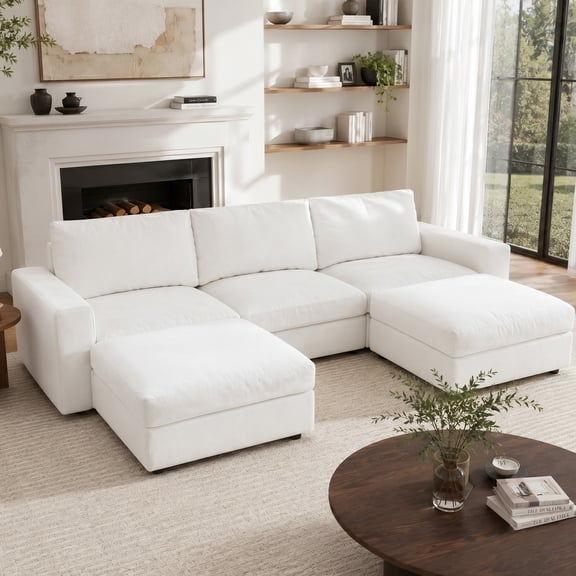 Vorthio 113.8" Cloud Couch Oversized Modular Sectional Sofa, 3 Seater with 2 Ottoman, Modern U Shaped Comfy Sofa, Wide & Deep Seat Couches with Metal Frame, White