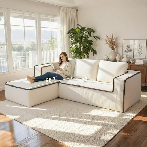Vorthio 121" Oversized Modular Sectional Sofa, Cloud Couch with Chaise, Velvet L Shaped Boneless Couches for Living Room, No-Assembly (Right Facing Chaise,White)