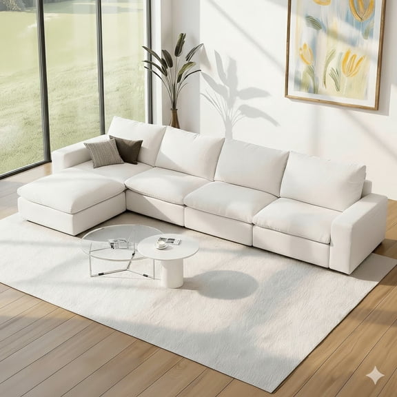 Vorthio 141.7" Cloud Couch Oversized Modular Sectional Sofa, 3 Seater with Ottoman, Modern L Shaped Comfy Sofa, Wide & Deep Seat Couches with Metal Frame, White