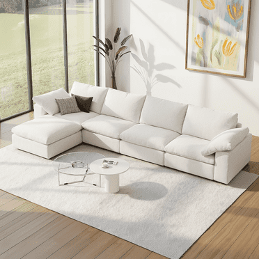 Vorthio 141.7" Cloud Couch Oversized Modular Sectional Sofa, 3 Seater with Ottoman, Modern L Shaped Comfy Sofa, Wide & Deep Seat Couches with Metal Frame, White