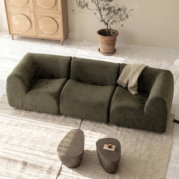 Vorthio 3-Seater Modular Sectional Sofa, Sherpa Fabric Boneless Sofas with High-Density Foam Strong Support for Living Room – No Assembly, Green