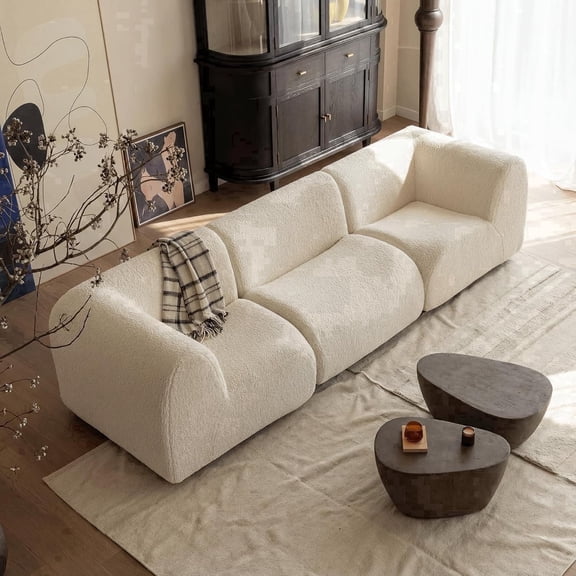 Vorthio 3-Seater Modular Sectional Sofa, Boneless Sherpa Couch with High-Density Foam Support, No Assembly for Living Room White