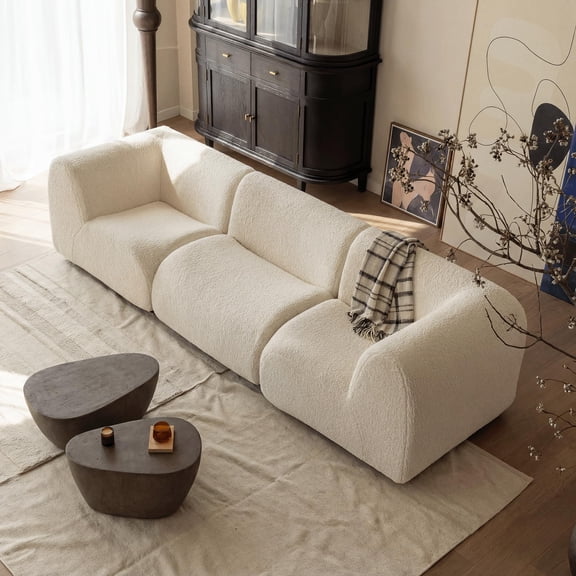 Vorthio 3-Seater Modular Sectional Sofa, Boneless Sherpa Couch with High-Density Foam Support, No Assembly for Living Room White