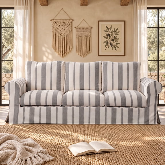 Vorthio 89" 3 Seater Couch for Living Room, Farmhouse Striped Chenille Couch, Living Room Sofa with Deep Seat, Washable Cover, Light Gray