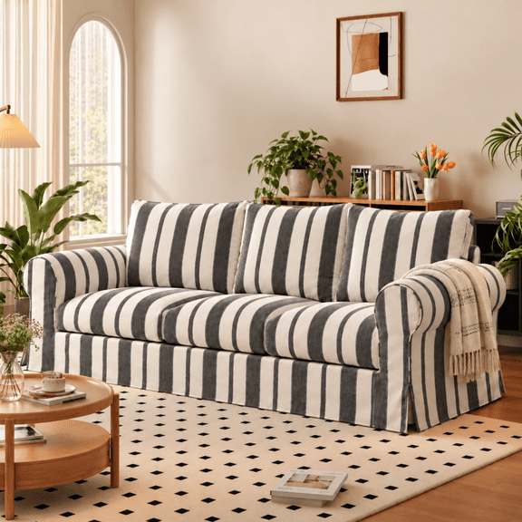 Vorthio 89" 3-Seater Striped Chenille Sofa, Deep Seat Farmhouse Couch with Rounded Armrests, Comfy Living Room Sofa, Charcoal