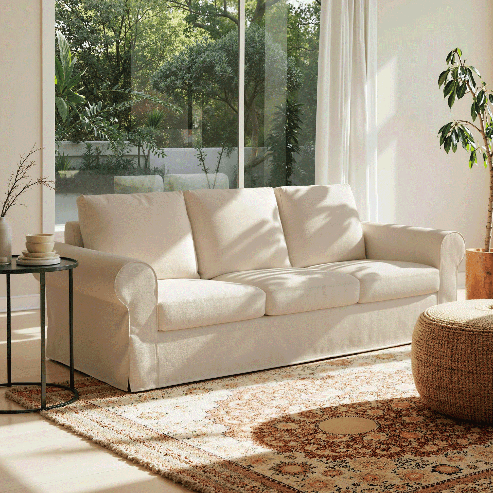 Vorthio 89" 3-Seater Farmhouse Sofa, Deep Seat Couch with High Back Support, Removable Washable Cover, Rolled Arms, Beige