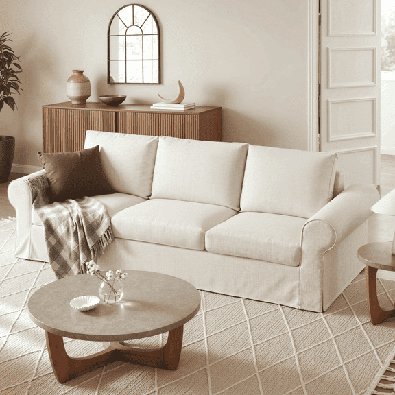 Vorthio 89" 3-Seater Farmhouse Sofa, Deep Seat Couch with High Back Support, Removable Washable Cover, Rolled Arms, White