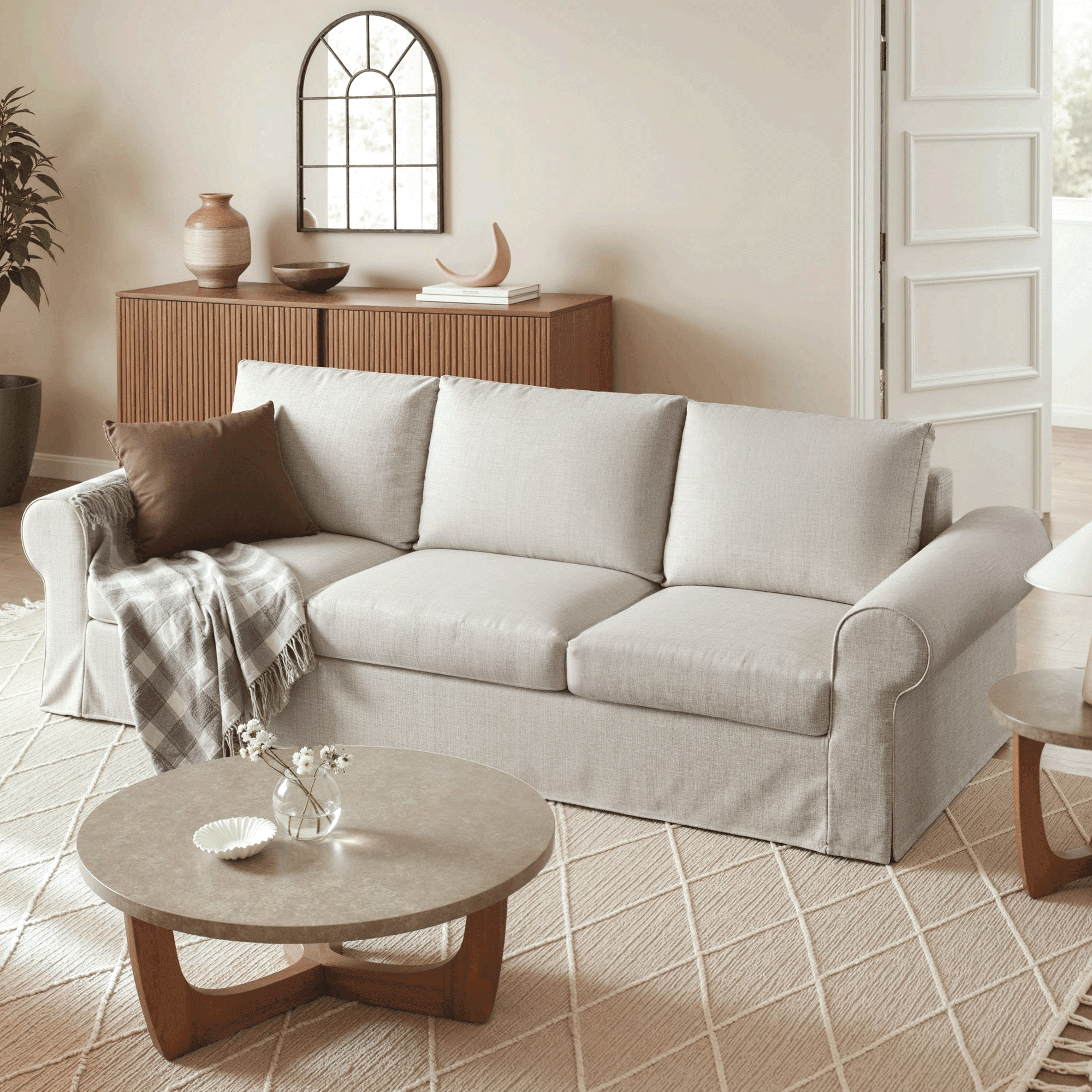 ACME Connie Fabric Upholstered Sofa with Sleeper and 2 Pillows in
