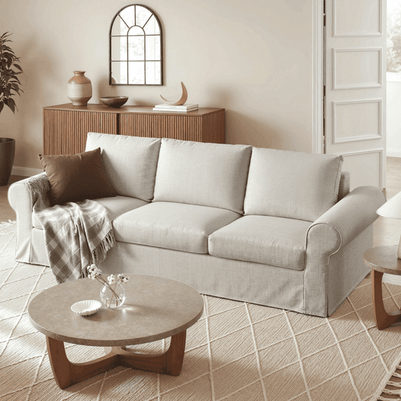 Vorthio 89" 3-Seater Farmhouse Sofa, Deep Seat Couch with High Back Support, Removable Washable Cover, Rolled Arms, White