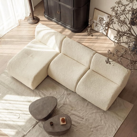 Vorthio Boneless 2-Seater Modular Couch with Chaise, Reversible L-Shaped Sherpa Sectional Sofa, No Assembly for Living Room or Bedroom White