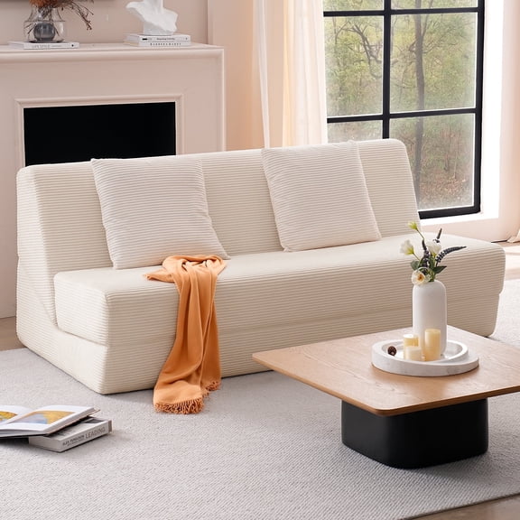 Vorthio Folding Sofa Bed, Convertible Sleeper Chair with Pillows, High Support Memory Foam & Soft Corduroy Fbric, Comfy Couch Bed, Floor Loveseat Couch for Living Room,White