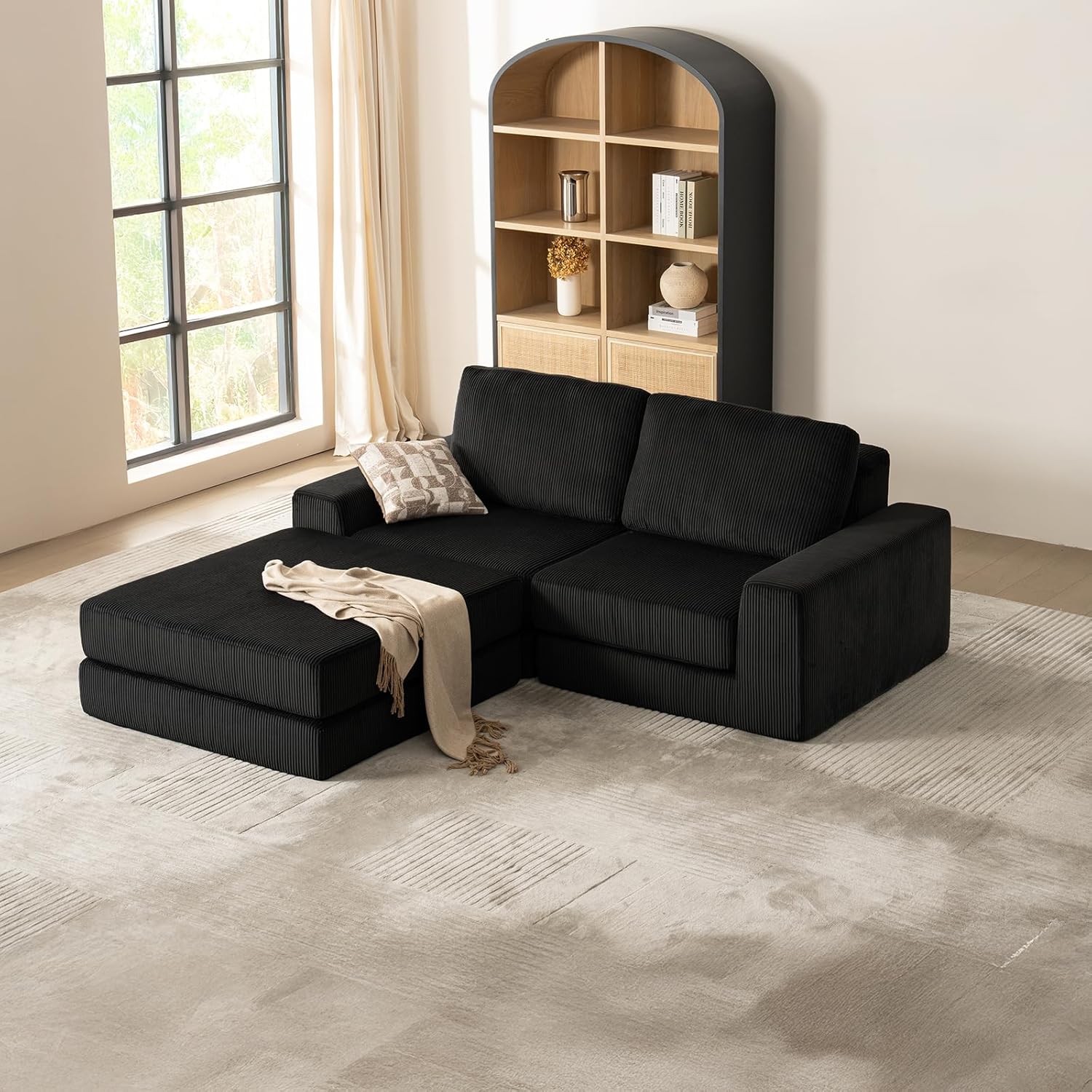 Vorthio Modular Sectional Sofa Loveseat With Ottoman,Corduroy Boneless Couches for Living Room,Cozy Foldable Cloud Couch,No Assembly Required, Black