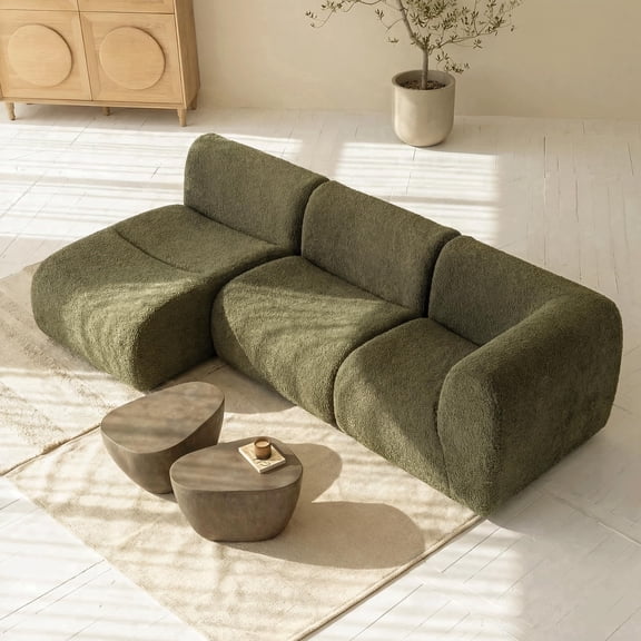 Vorthio Boneless 3-Seater Modular Sectional Sofa with Chaise, Reversible L-Shaped Sherpa Couch with High-Density Foam, No Assembly for Living Room Green