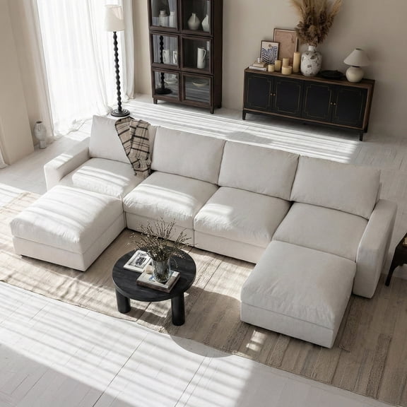 Vorthio White Four-Seat Sectional Couch Sofas with Two Ottomans, Oversized Cloud Couch, Couches and Sofas Sectional Living Room Set