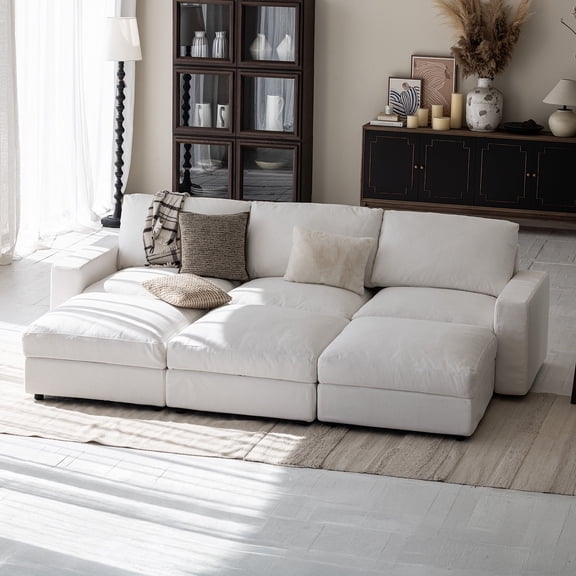 Vorthio White Three-Seat Modular Lounge Sofas with Extra Ottomans, Cloud Sectional Sofa, Oversized Couch, Couches and Sofas Sectional Couch