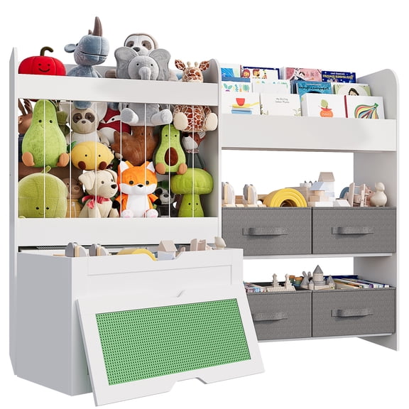 VortinT 3-in-1 Toy Storage Organizer, Kids Bookshelf with Building Brick Baseplate Lid, Large Stuffed Animal Zoo, Movable Toy Bins, for Kids Room, Playroom, Classroom, Nursery, White