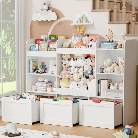 Vortin T Toy Storage Cabinet Organizer, 61" Kids Bookshelf with Stuffed Animal Storage Movable Toy Drawers for Playroom, Kids Room, Nursery, White